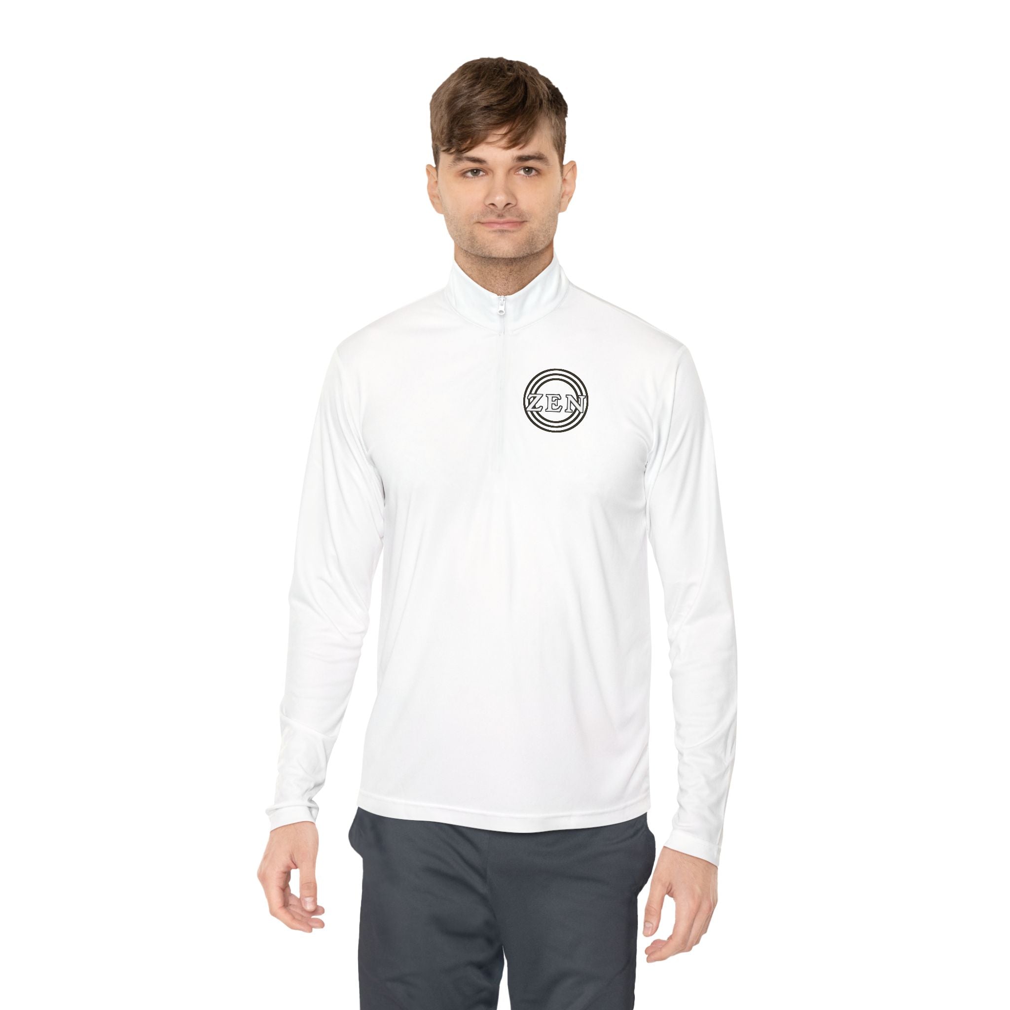 Quarter-Zip Pullover with Small Minimalist Logo — Lightweight White Zip Sweatshirt